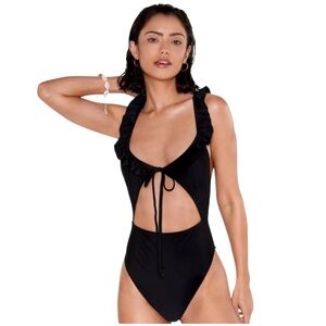 NASTY GAL Black Ruffle Cutout One Piece Summer One-Piece Sexy Bodycon Swimsuit 4